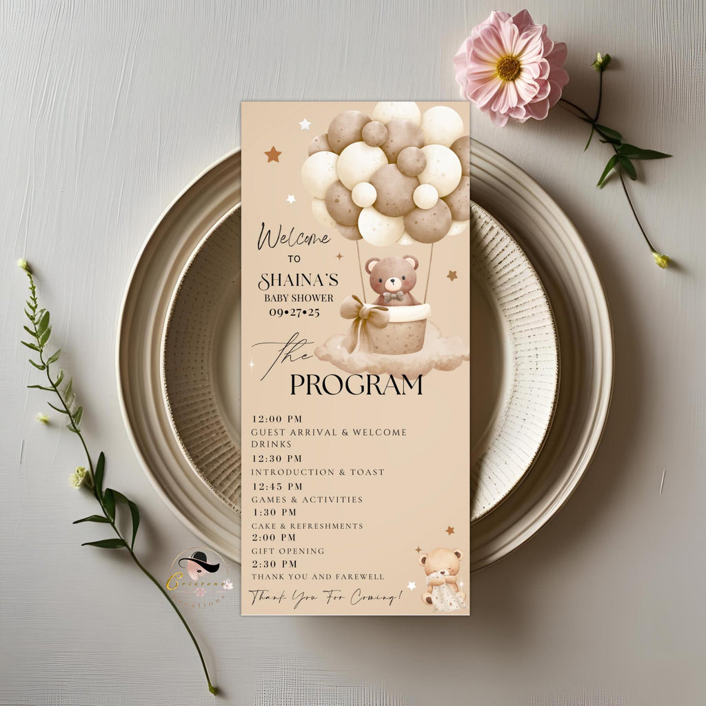 Editable Baby Shower Menu and Program Template Gender Neutral Bear Party Menu, Printable Itinerary Card, Brown Baby Shower Order of events