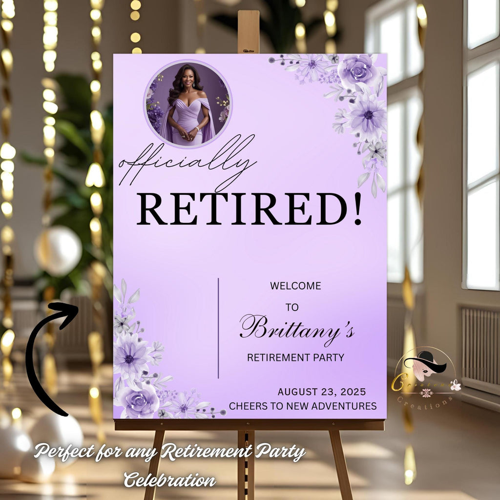 Retirement Party Welcome Sign Purple Floral Retirement Poster sign board Printable sign with photo, Wildflower Garden Farewell Sign Template