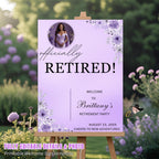 Retirement Party Welcome Sign Purple Floral Retirement Poster sign board Printable sign with photo, Wildflower Garden Farewell Sign Template