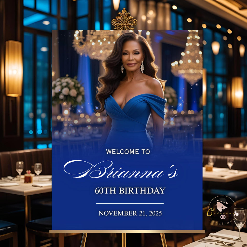 Editable Birthday Party Welcome Sign Blue Gold Birthday Dinner Sign with photo Elegant Retirement Party Poster Sign Board Printable Template