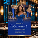 Editable Birthday Party Welcome Sign Blue Gold Birthday Dinner Sign with photo Elegant Retirement Party Poster Sign Board Printable Template