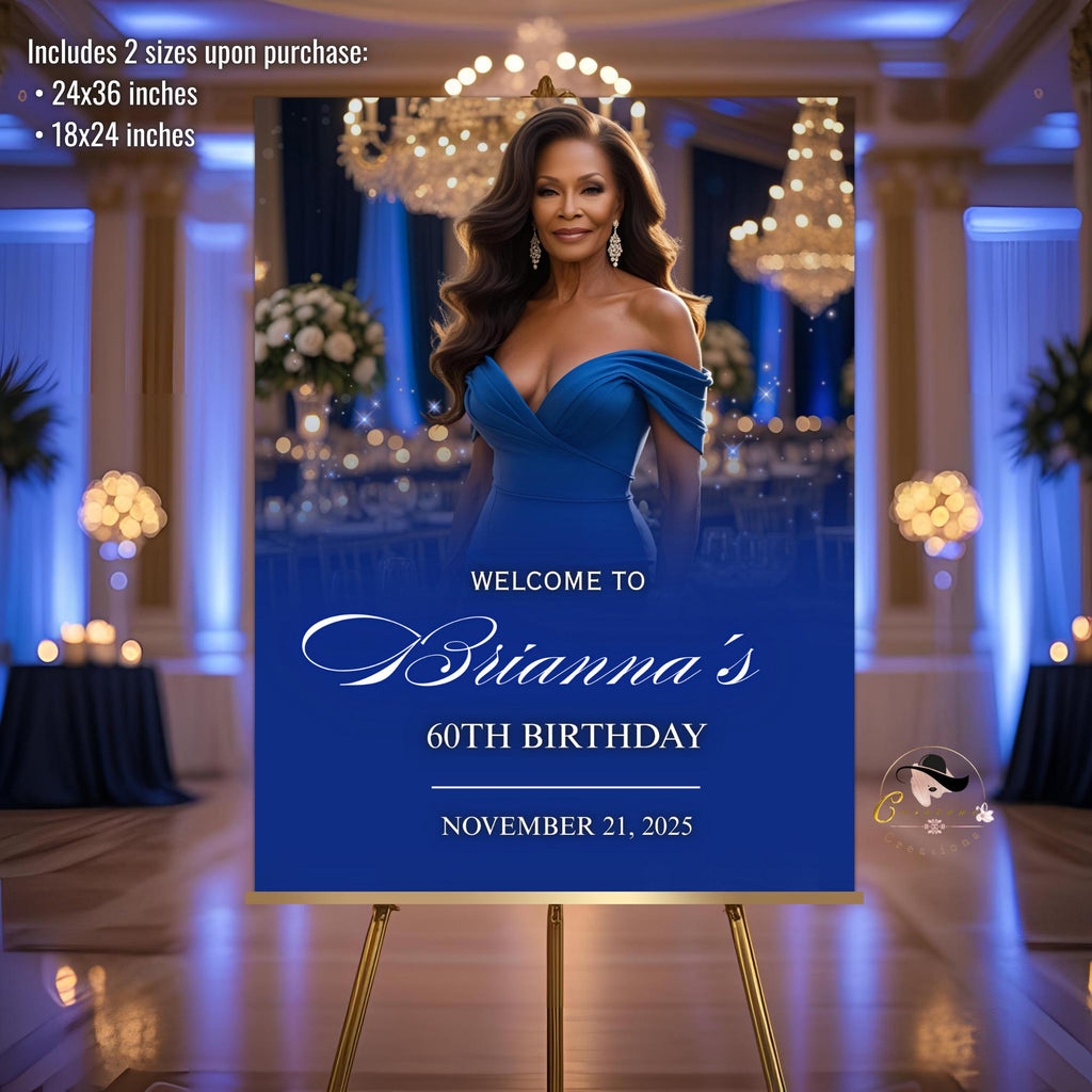 Editable Birthday Party Welcome Sign Blue Gold Birthday Dinner Sign with photo Elegant Retirement Party Poster Sign Board Printable Template