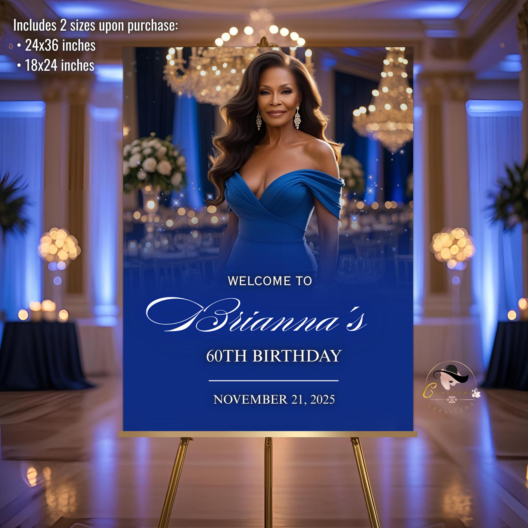 Editable Birthday Party Welcome Sign Blue Gold Birthday Dinner Sign with photo Elegant Retirement Party Poster Sign Board Printable Template