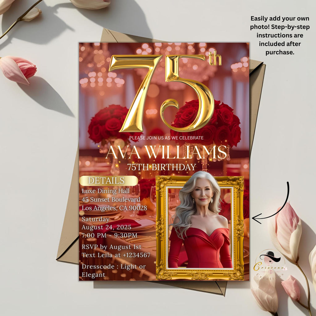 Digital 75th Birthday Invitation with photo Red Gold 75th Birthday Dinner Invite Woman Glam Luxury Floral Brunch Party Printable Template