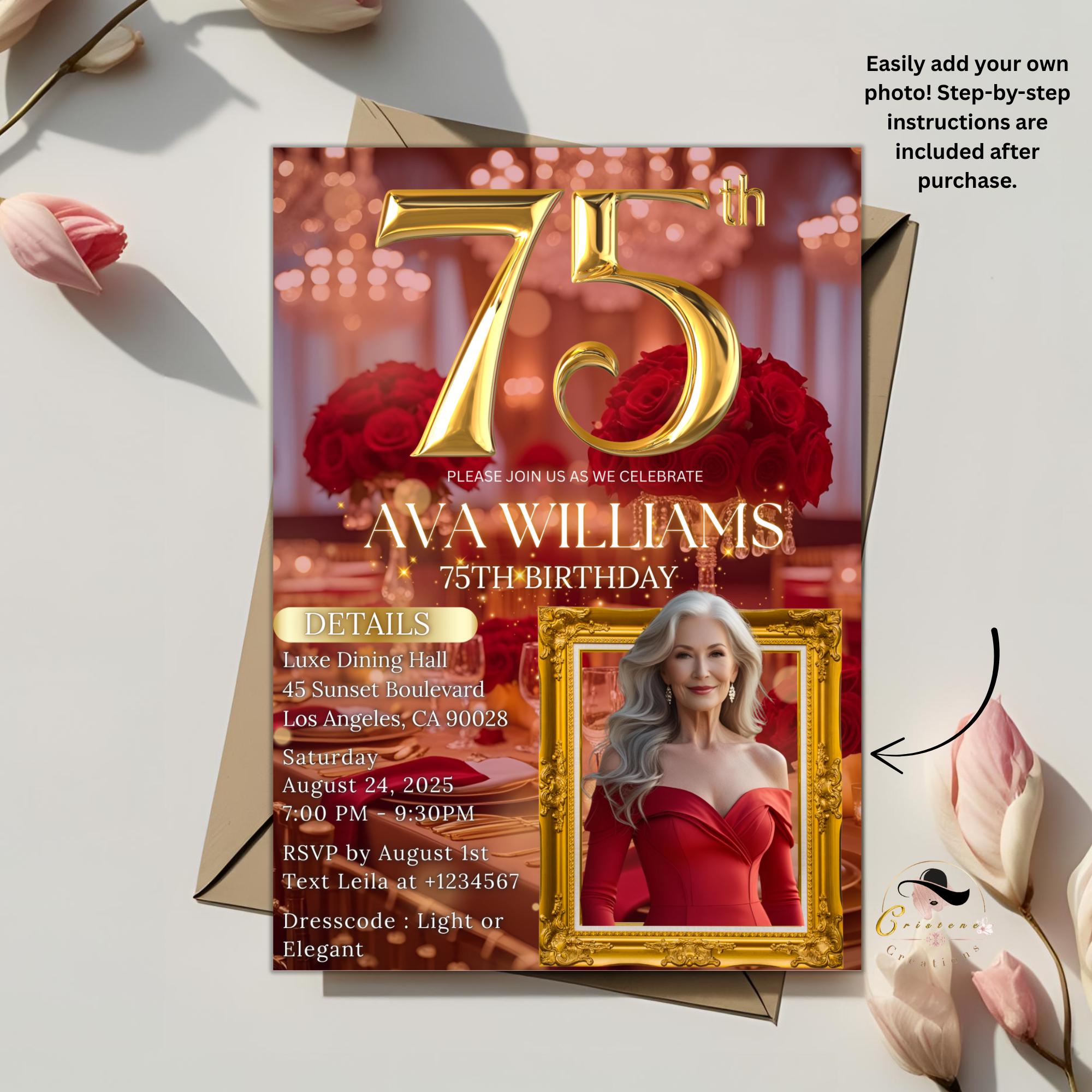 Digital 75th Birthday Invitation with photo Red Gold 75th Birthday Dinner Invite Woman Glam Luxury Floral Brunch Party Printable Template