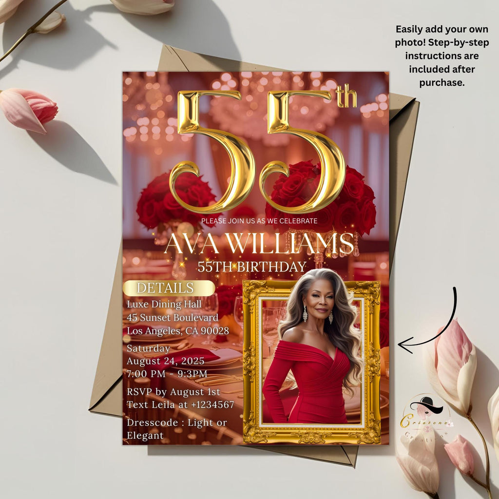 Digital 55th Birthday Invitation with photo Red Gold 55th Birthday Dinner Invite Woman Glam Luxury Floral Brunch Party Printable Template