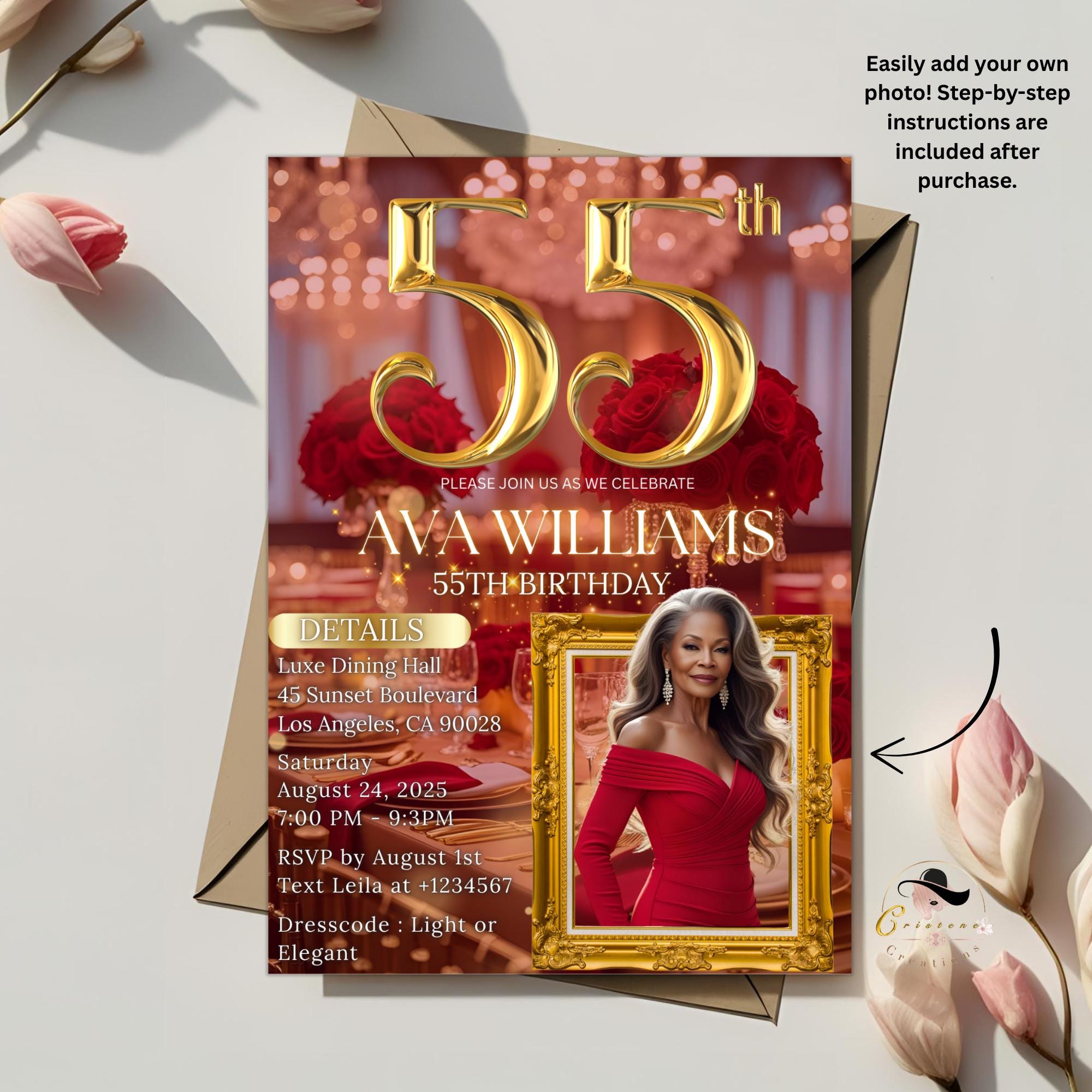 Digital 55th Birthday Invitation with photo Red Gold 55th Birthday Dinner Invite Woman Glam Luxury Floral Brunch Party Printable Template