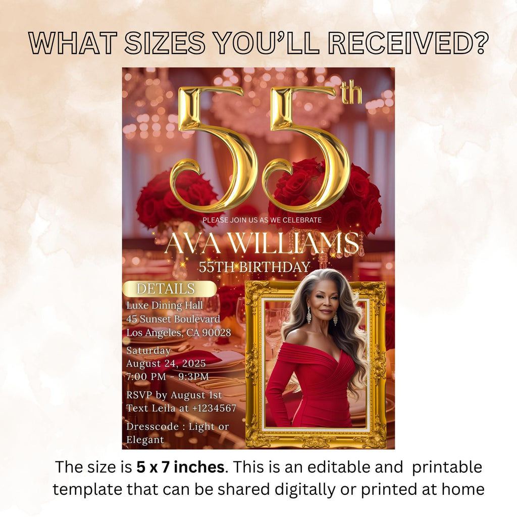 Digital 55th Birthday Invitation with photo Red Gold 55th Birthday Dinner Invite Woman Glam Luxury Floral Brunch Party Printable Template