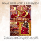 Digital 55th Birthday Invitation with photo Red Gold 55th Birthday Dinner Invite Woman Glam Luxury Floral Brunch Party Printable Template