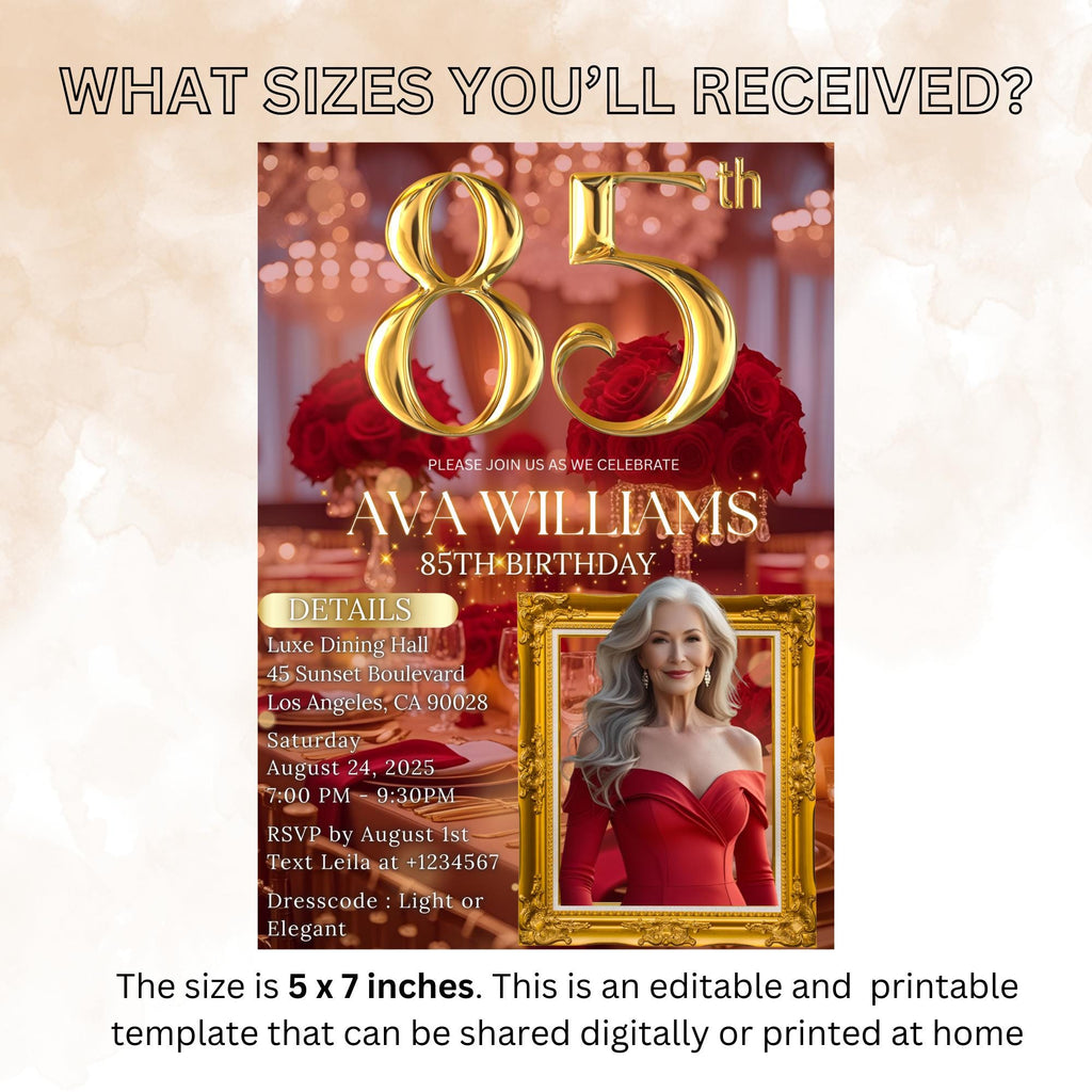 Digital 85th Birthday Invitation with photo Red Gold 85th Birthday Dinner invite Woman Glam Luxury Floral Brunch Party Printable Template