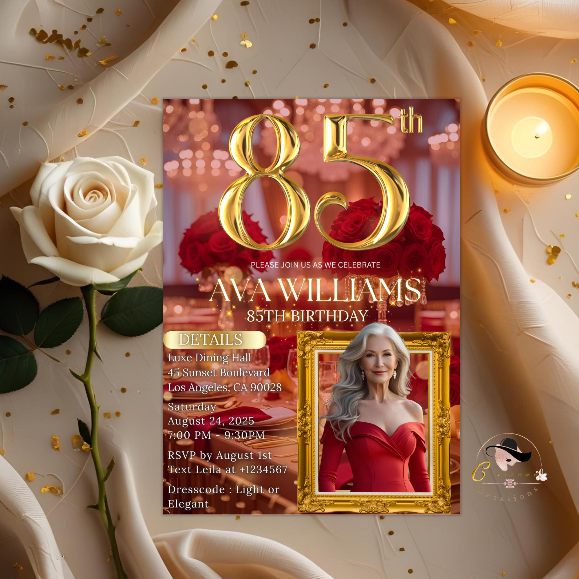Digital 85th Birthday Invitation with photo Red Gold 85th Birthday Dinner invite Woman Glam Luxury Floral Brunch Party Printable Template