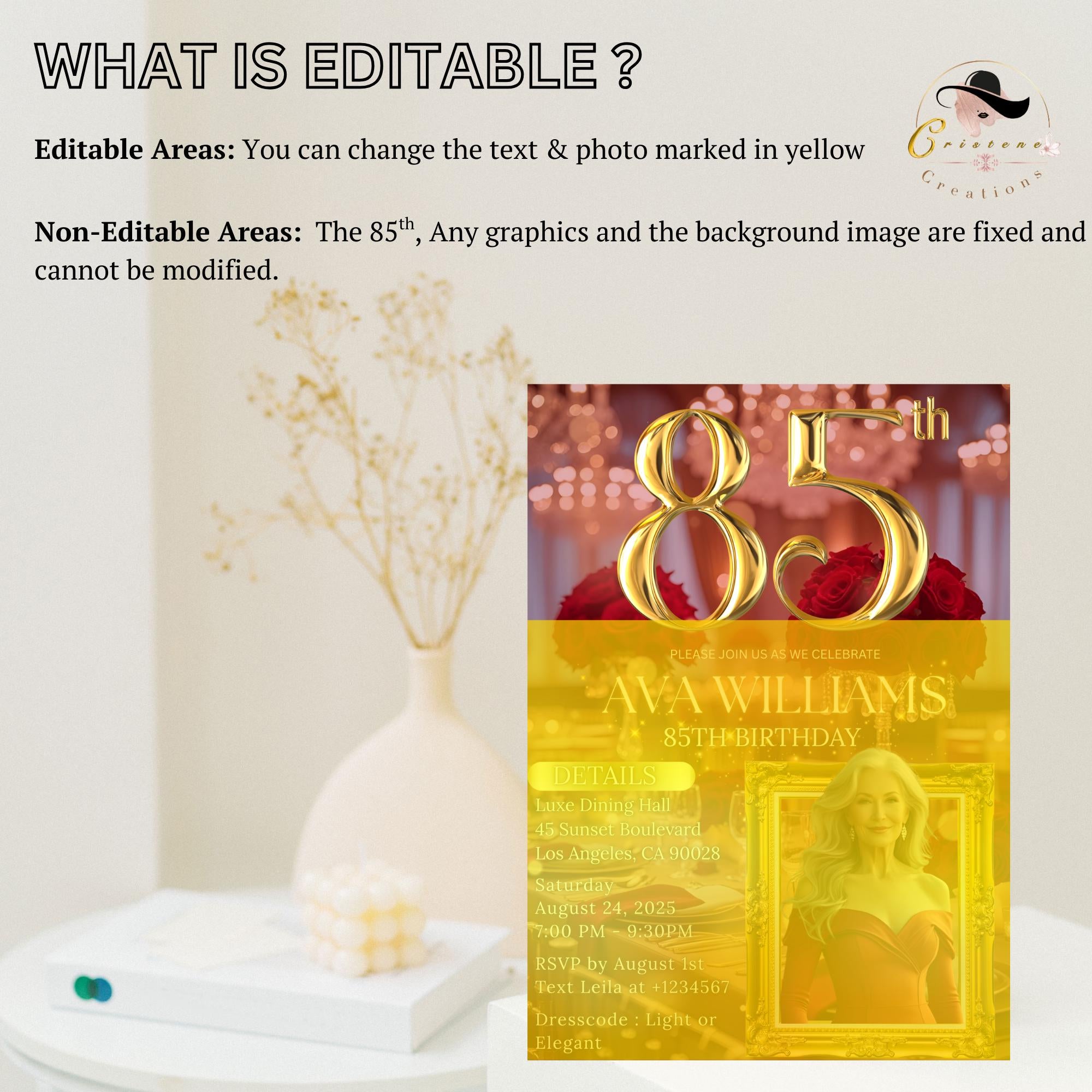 Digital 85th Birthday Invitation with photo Red Gold 85th Birthday Dinner invite Woman Glam Luxury Floral Brunch Party Printable Template