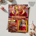 Digital 85th Birthday Invitation with photo Red Gold 85th Birthday Dinner invite Woman Glam Luxury Floral Brunch Party Printable Template