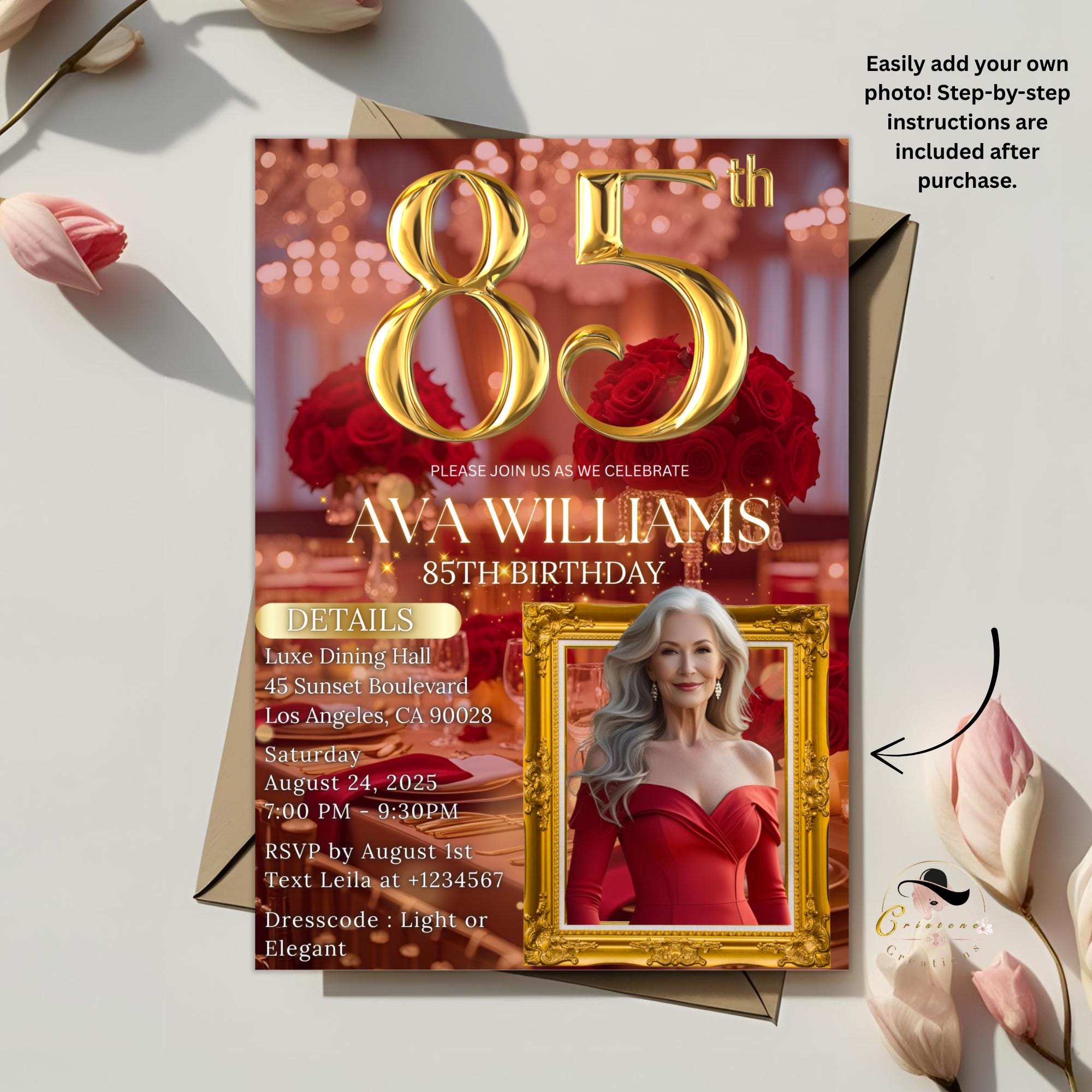 Digital 85th Birthday Invitation with photo Red Gold 85th Birthday Dinner invite Woman Glam Luxury Floral Brunch Party Printable Template