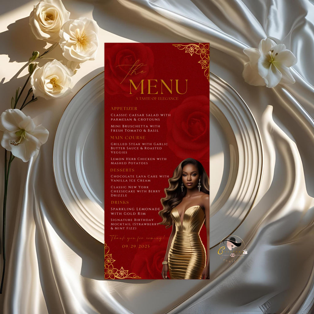 Editable Menu and Program Template Red Gold Birthday Dinner Menu card Printable Woman Elegant Party Menu with photo Event Programme Schedule