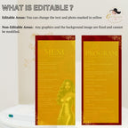 Editable Menu and Program Template Red Gold Birthday Dinner Menu card Printable Woman Elegant Party Menu with photo Event Programme Schedule
