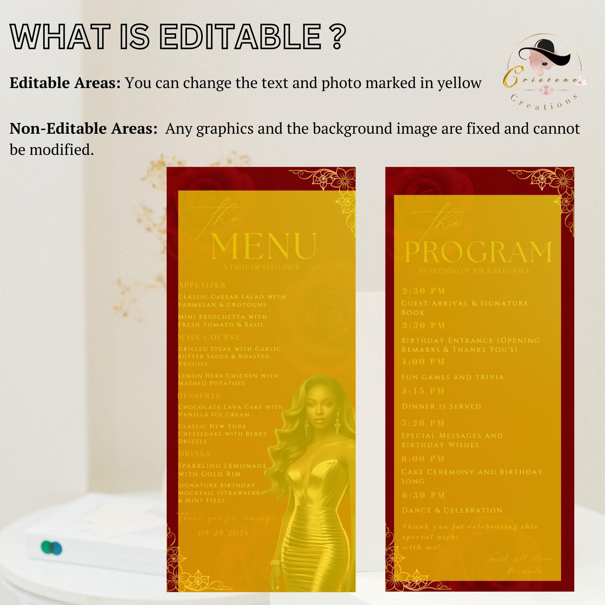 Editable Menu and Program Template Red Gold Birthday Dinner Menu card Printable Woman Elegant Party Menu with photo Event Programme Schedule