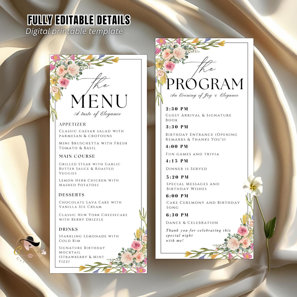 Editable Floral Menu and Program Template White Birthday Dinner Menu card Printable Minimalist Party Brunch Menu Retirement Program Schedule