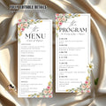 Editable Floral Menu and Program Template White Birthday Dinner Menu card Printable Minimalist Party Brunch Menu Retirement Program Schedule