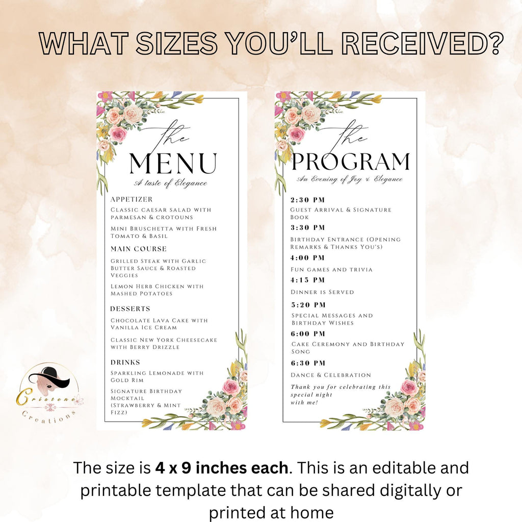 Editable Floral Menu and Program Template White Birthday Dinner Menu card Printable Minimalist Party Brunch Menu Retirement Program Schedule