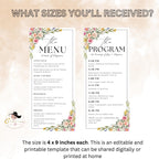 Editable Floral Menu and Program Template White Birthday Dinner Menu card Printable Minimalist Party Brunch Menu Retirement Program Schedule