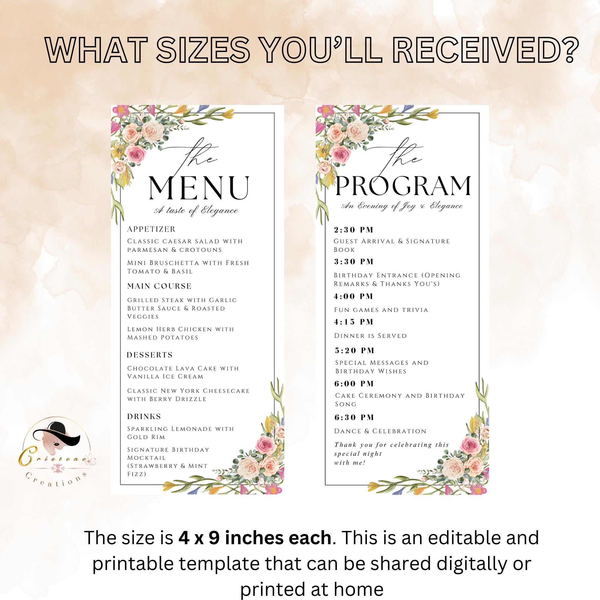 Editable Floral Menu and Program Template White Birthday Dinner Menu card Printable Minimalist Party Brunch Menu Retirement Program Schedule