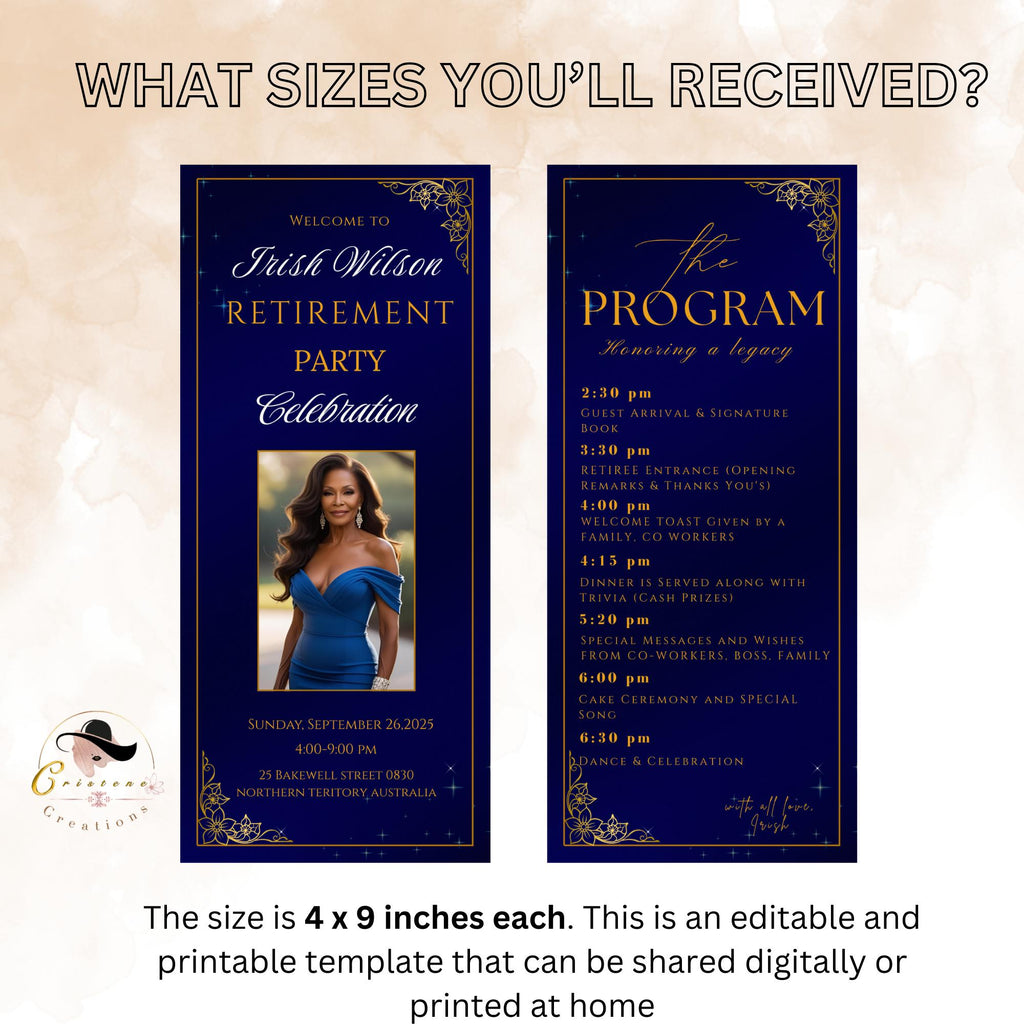Blue Gold Retirement Party Program Card Template, Photo, Printable (Digital Download)
