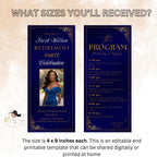 Blue Gold Retirement Party Program Card Template, Photo, Printable (Digital Download)