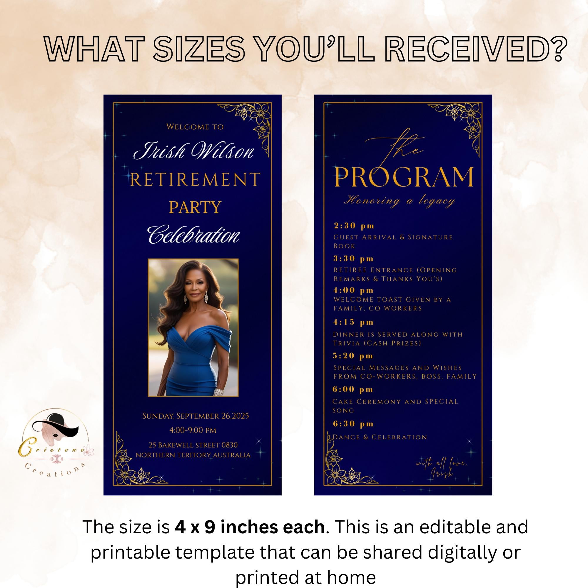 Blue Gold Retirement Party Program Card Template, Photo, Printable (Digital Download)