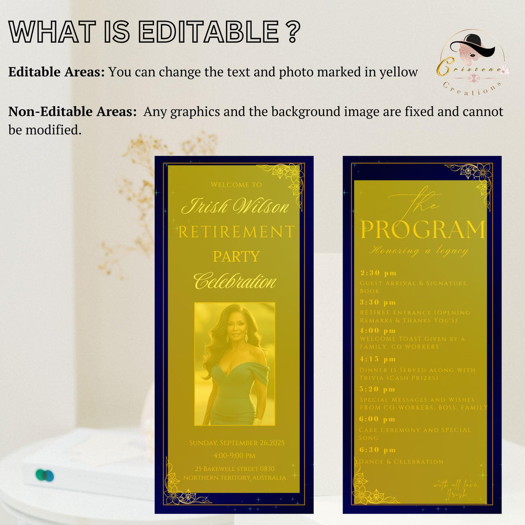Blue Gold Retirement Party Program Card Template, Photo, Printable (Digital Download)