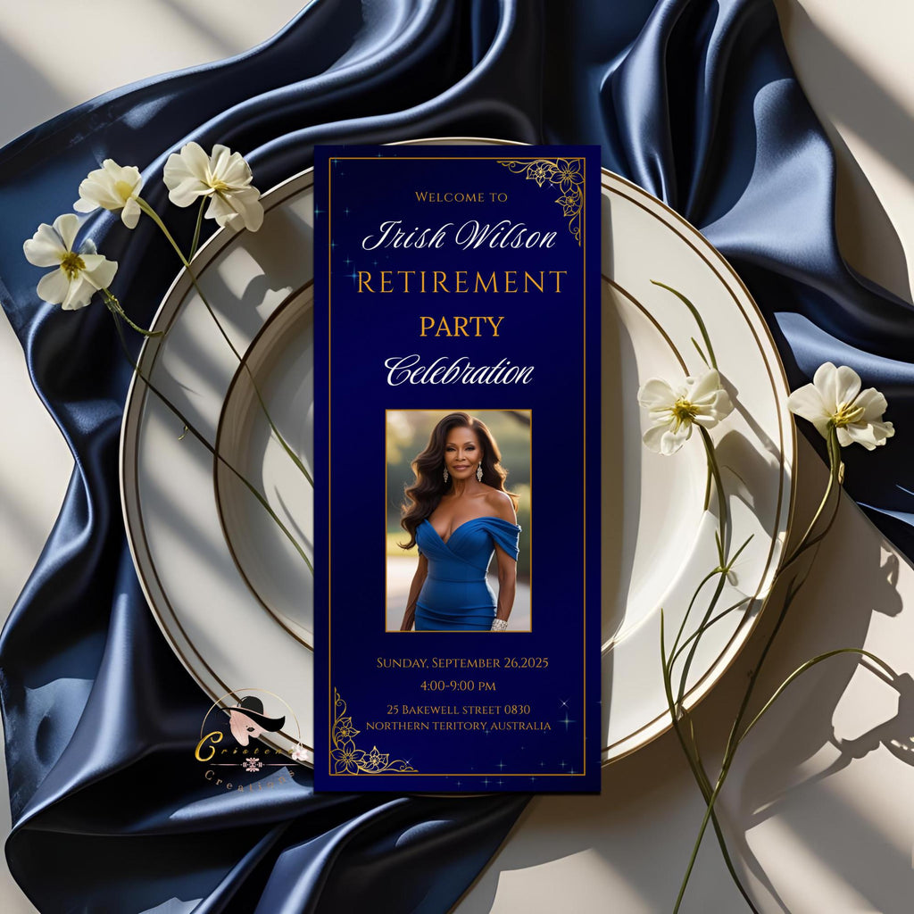Blue Gold Retirement Party Program Card Template, Photo, Printable (Digital Download)