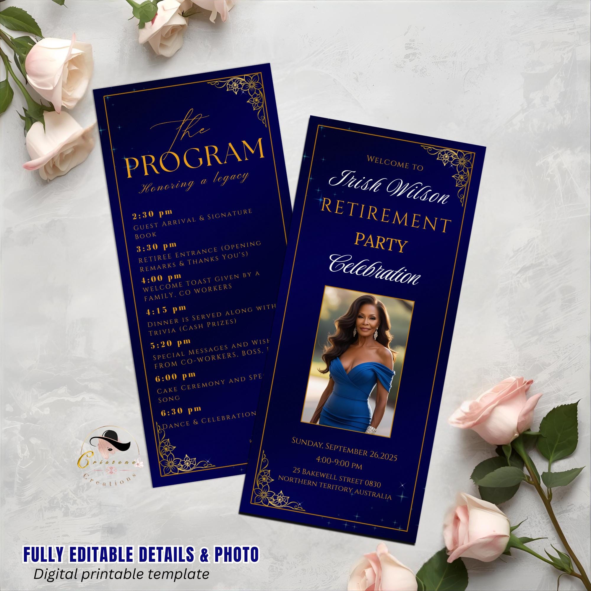 Blue Gold Retirement Party Program Card Template, Photo, Printable (Digital Download)