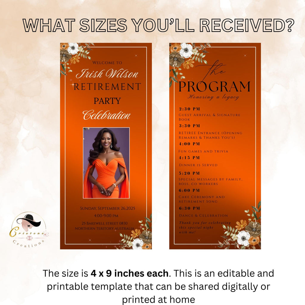 Editable Retirement Program Template Orange Elegant Retirement Party Program Schedule, Order of Event Floral Birthday Program Card Printable