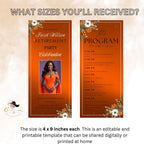 Editable Retirement Program Template Orange Elegant Retirement Party Program Schedule, Order of Event Floral Birthday Program Card Printable