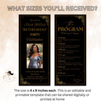 Retirement Party Program Template Black Gold Birthday Program card with photo, Printable Order of Events Editable Adult Dinner Party Program