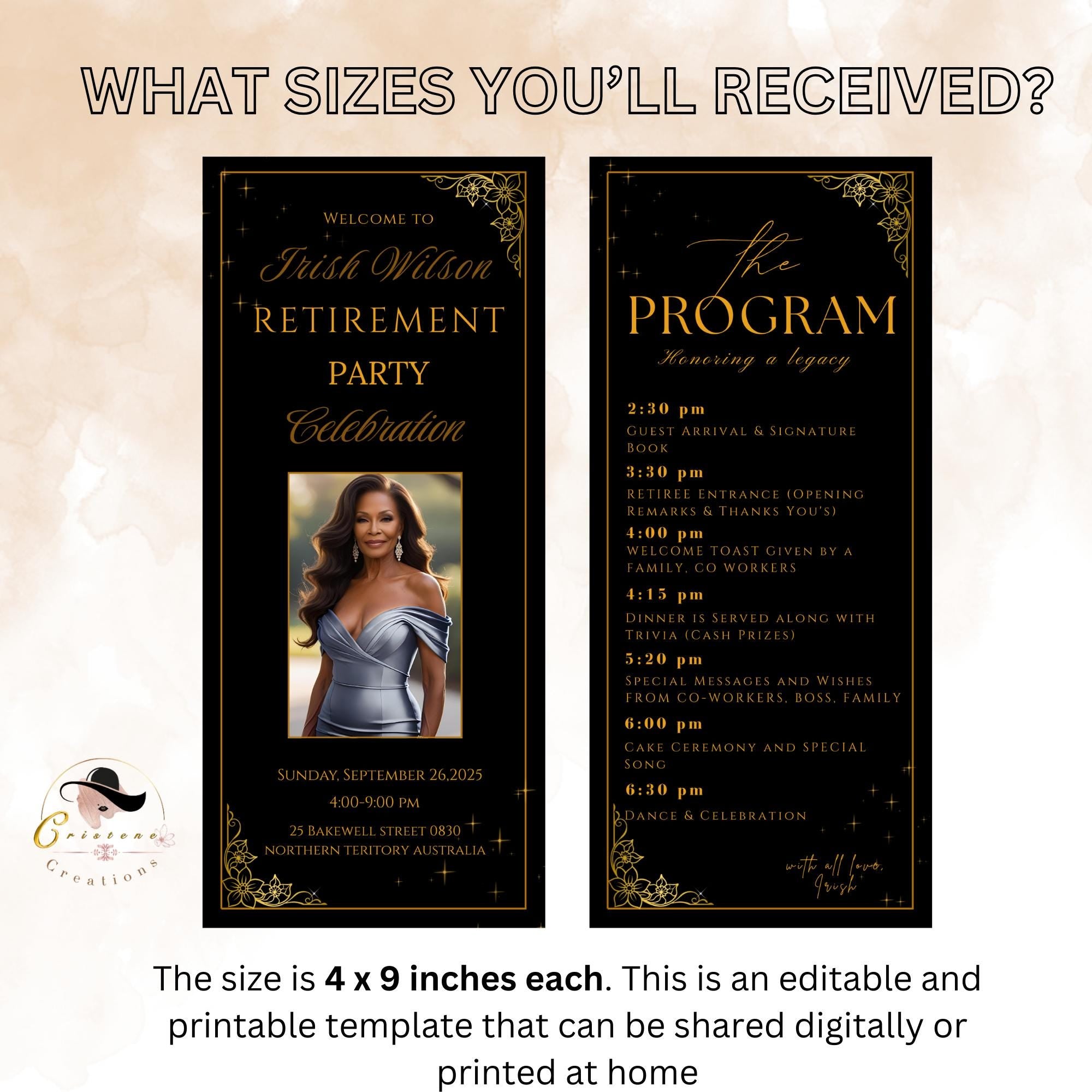Retirement Party Program Template Black Gold Birthday Program card with photo, Printable Order of Events Editable Adult Dinner Party Program