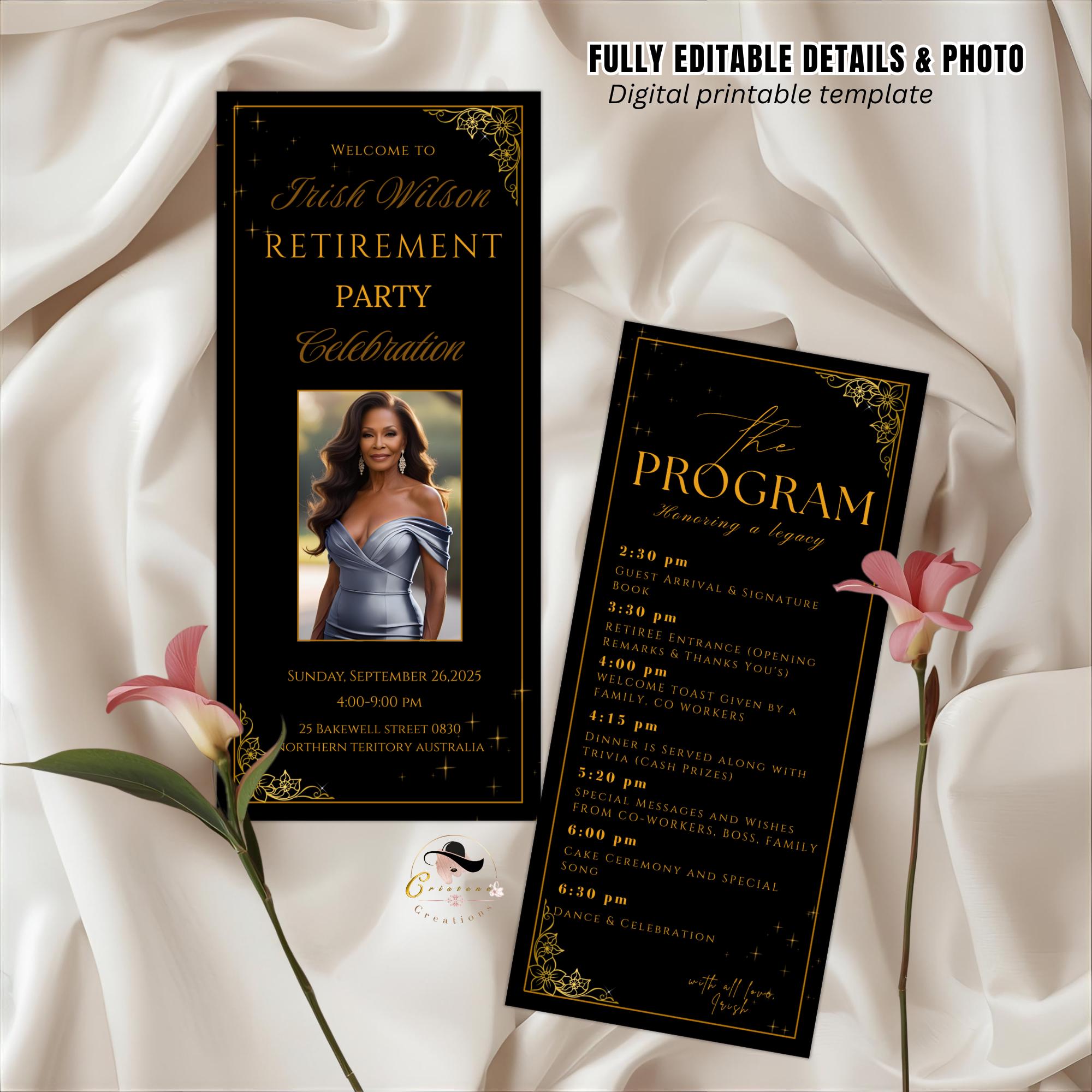 Retirement Party Program Template Black Gold Birthday Program card with photo, Printable Order of Events Editable Adult Dinner Party Program