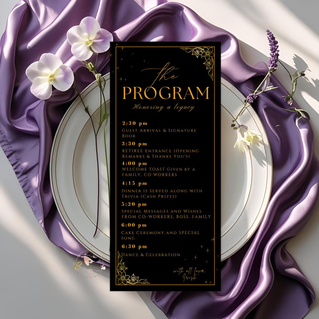 Retirement Party Program Template Black Gold Birthday Program card with photo, Printable Order of Events Editable Adult Dinner Party Program