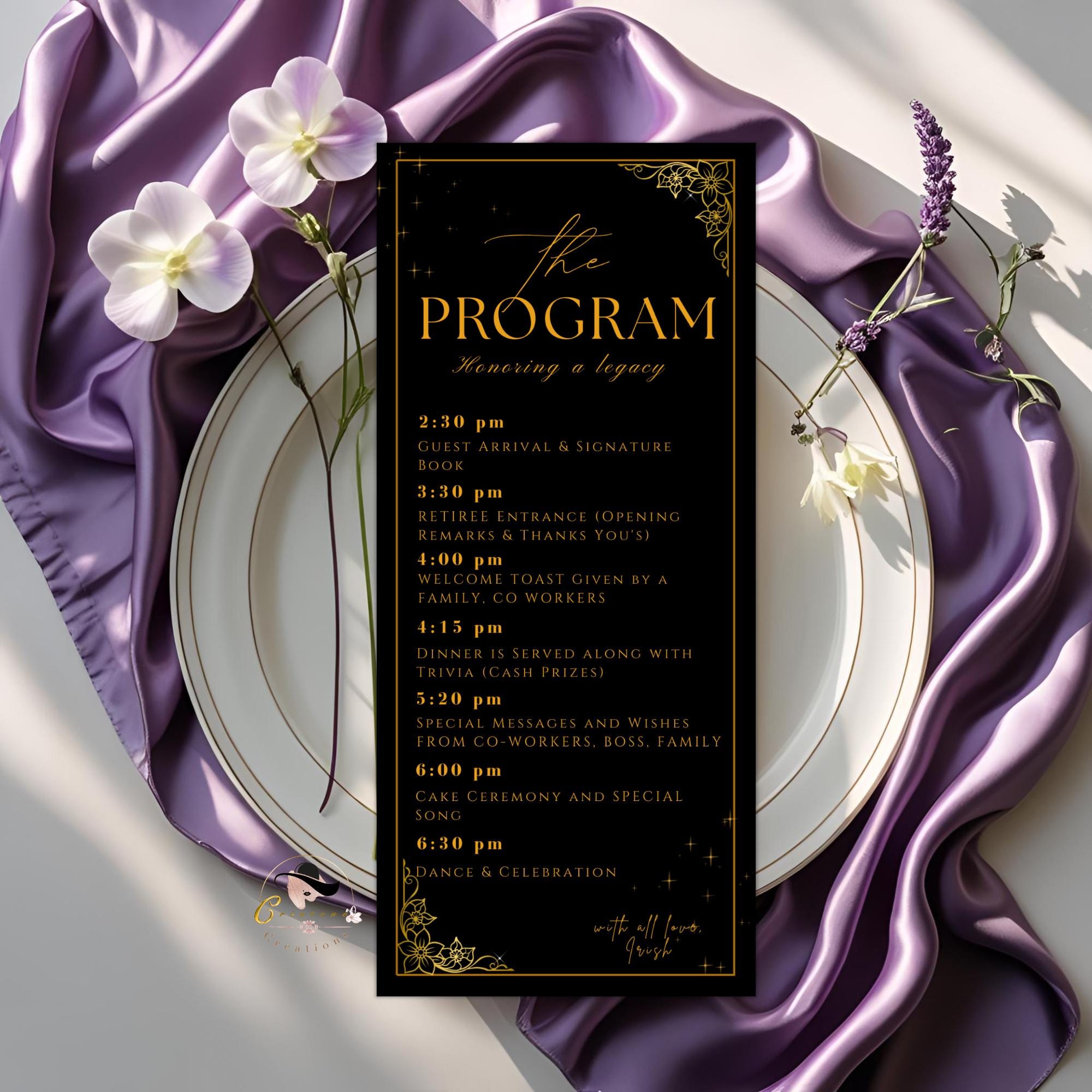 Retirement Party Program Template Black Gold Birthday Program card with photo, Printable Order of Events Editable Adult Dinner Party Program