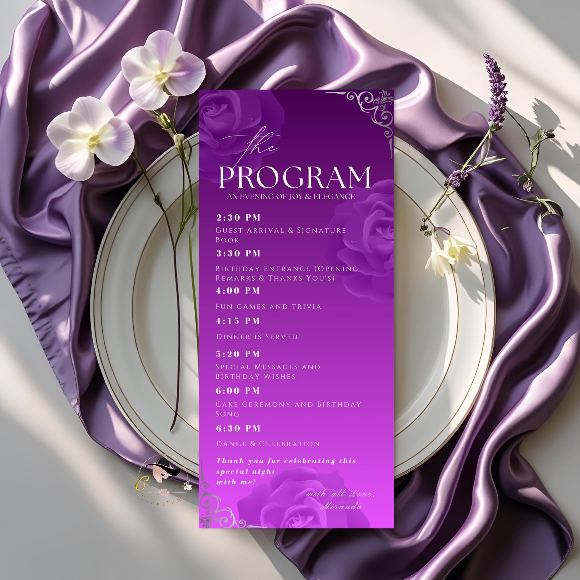 Editable Menu and Program Template Purple Birthday Dinner Menu card Printable Retirement Party Program with photo, Floral Adult Party Menu