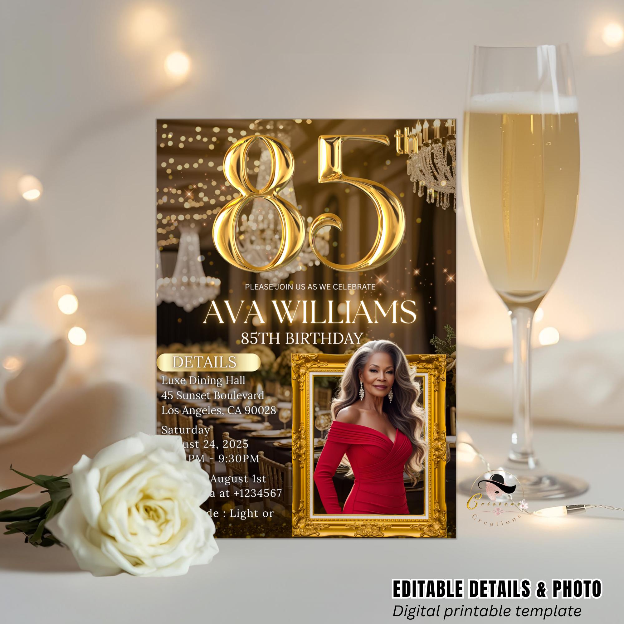 Digital 85th Birthday Invitation Black Gold 85th Birthday Dinner Invite with photo Woman Elegant Birthday Brunch Party Printable Template