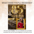 Digital 85th Birthday Invitation Black Gold 85th Birthday Dinner Invite with photo Woman Elegant Birthday Brunch Party Printable Template