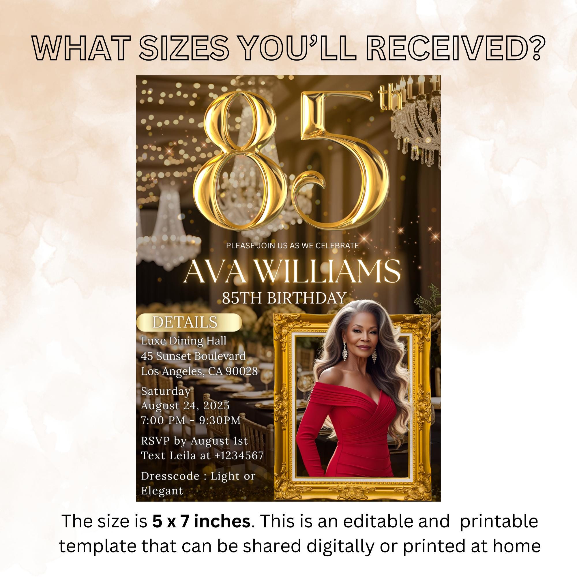 Digital 85th Birthday Invitation Black Gold 85th Birthday Dinner Invite with photo Woman Elegant Birthday Brunch Party Printable Template