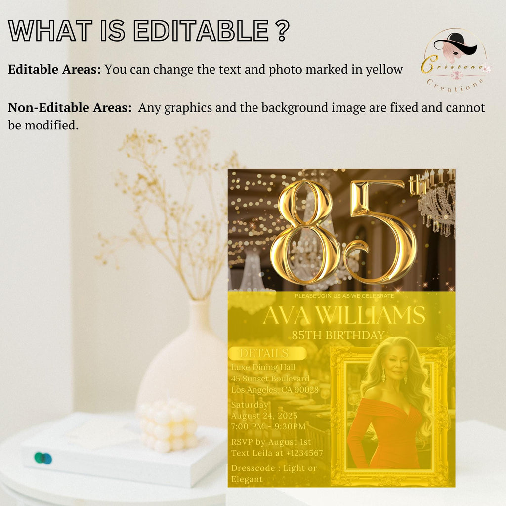 Digital 85th Birthday Invitation Black Gold 85th Birthday Dinner Invite with photo Woman Elegant Birthday Brunch Party Printable Template