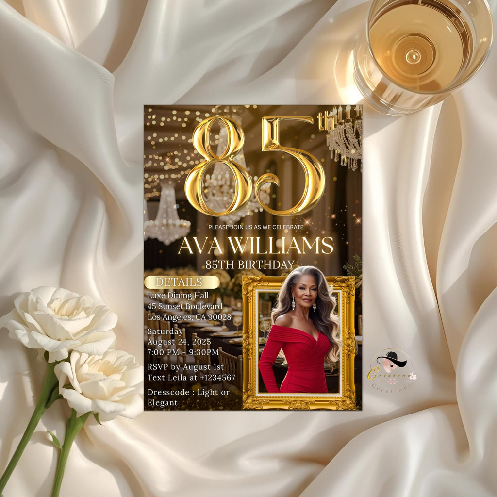 Digital 85th Birthday Invitation Black Gold 85th Birthday Dinner Invite with photo Woman Elegant Birthday Brunch Party Printable Template