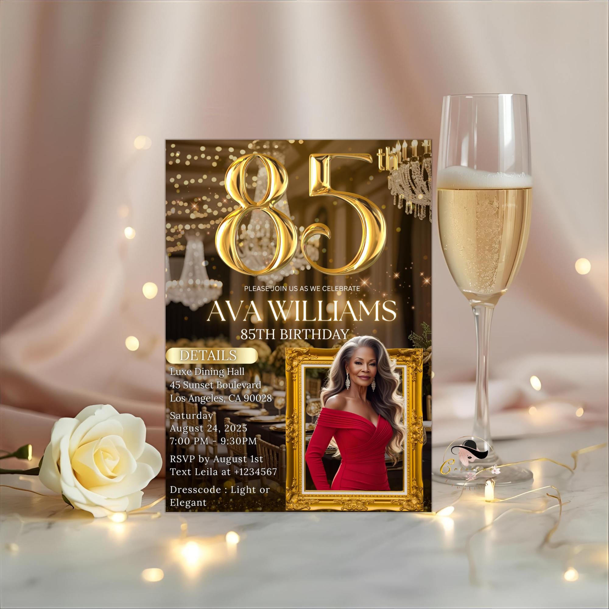 Digital 85th Birthday Invitation Black Gold 85th Birthday Dinner Invite with photo Woman Elegant Birthday Brunch Party Printable Template