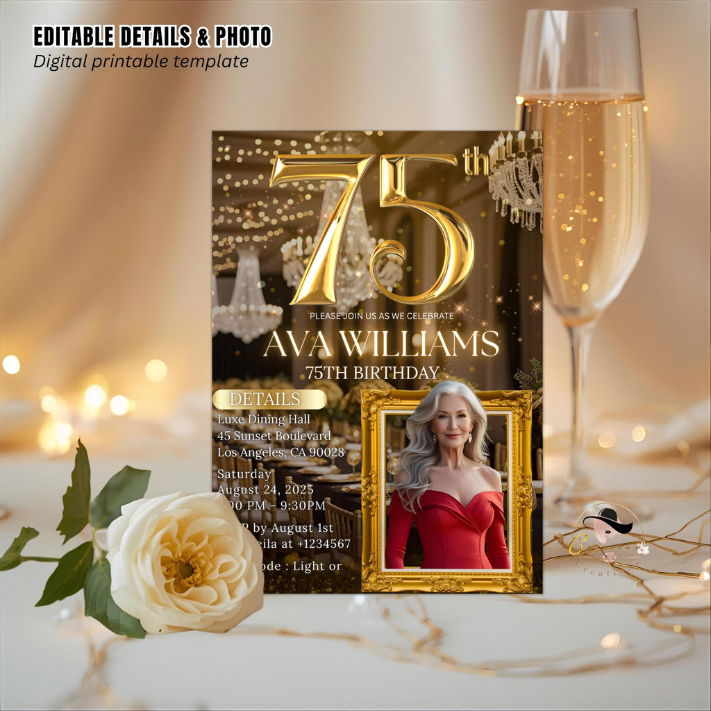 Editable 75th Birthday Invitation Black Gold 75th Birthday Dinner Invite with photo Woman Elegant Birthday Brunch Party Digital Template