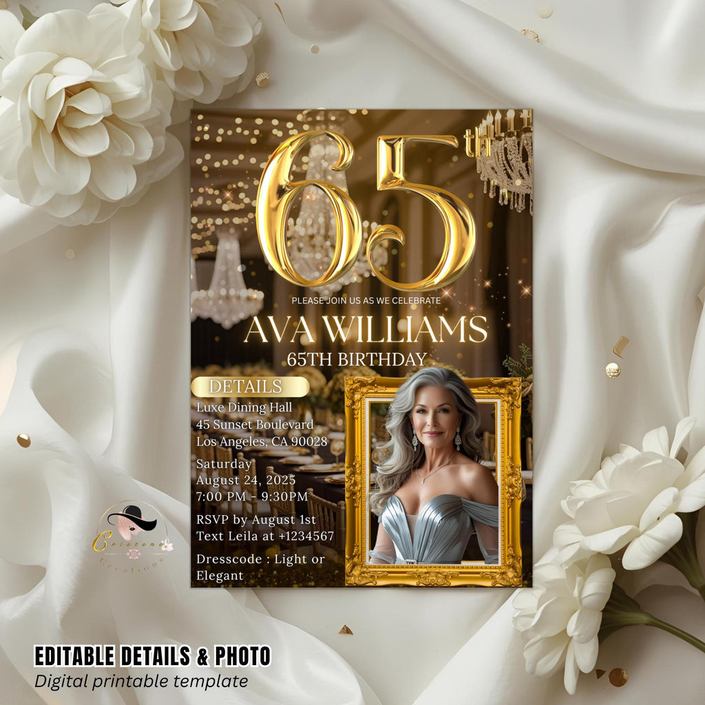Editable 65th Birthday Invitation Black Gold 65th Birthday Dinner Invite with photo Woman Elegant Birthday Brunch Party Digital Template