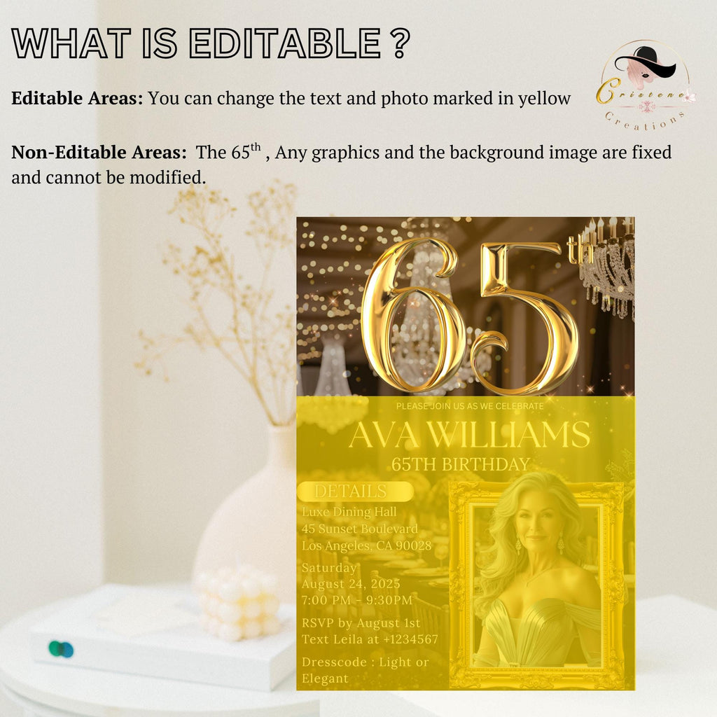 Editable 65th Birthday Invitation Black Gold 65th Birthday Dinner Invite with photo Woman Elegant Birthday Brunch Party Digital Template