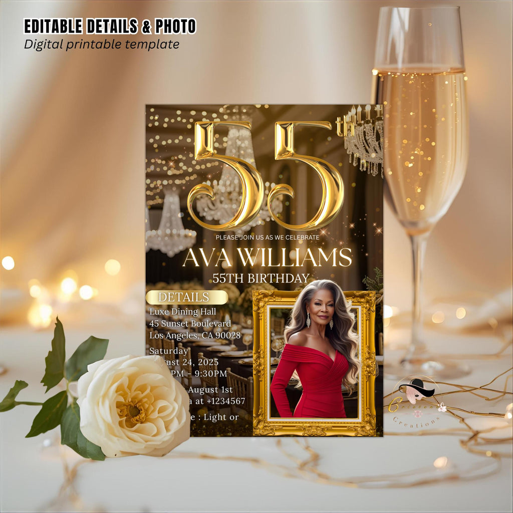 Editable 55th Birthday Invitation, Black Gold 55th Birthday Dinner Invite with photo, Woman Elegant Birthday Brunch Party Digital Template